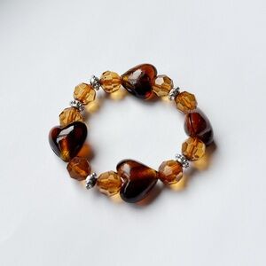 Amber Glass Heart and Crystal Stretch Bracelet
